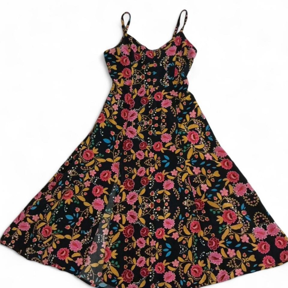 Express Floral Midi Dress Womens XS Black Pink Excellent Front‎ Slit Sundress